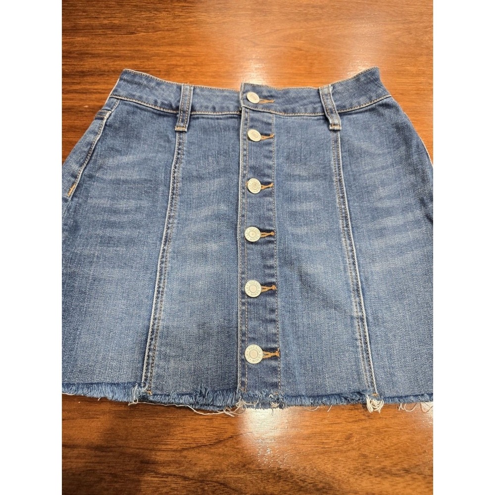 PACSUN Button Front Denim Jean Mini Skirt Light Wash Raw Hem Women Sz 24